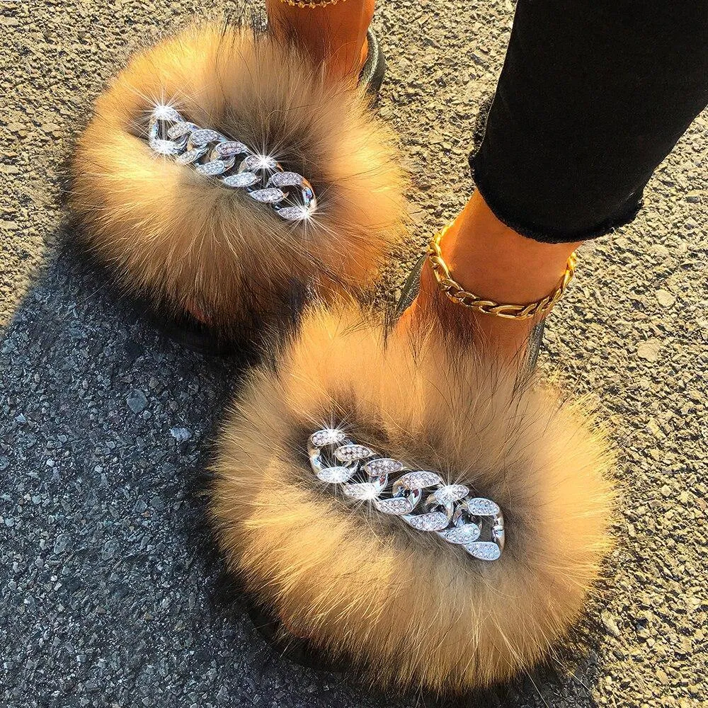 Women's Fluffy Fur Slippers W/ Chain Detail