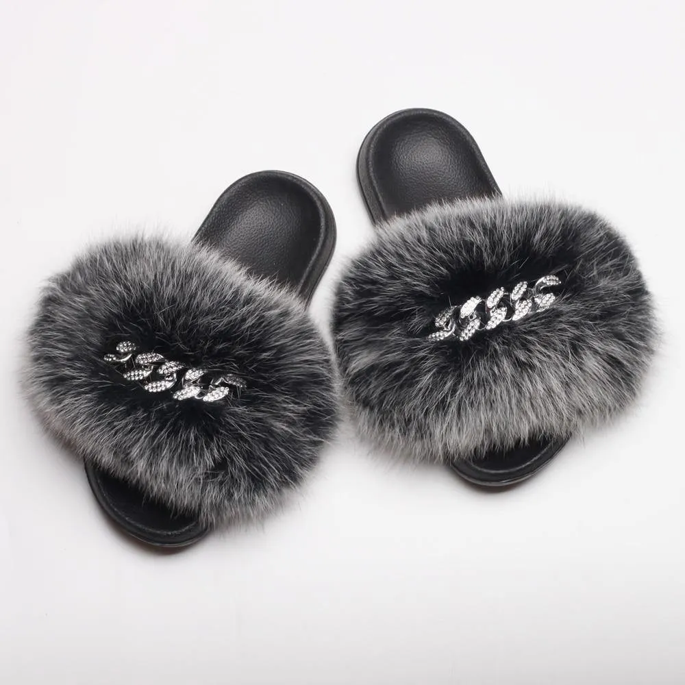 Women's Fluffy Fur Slippers W/ Chain Detail