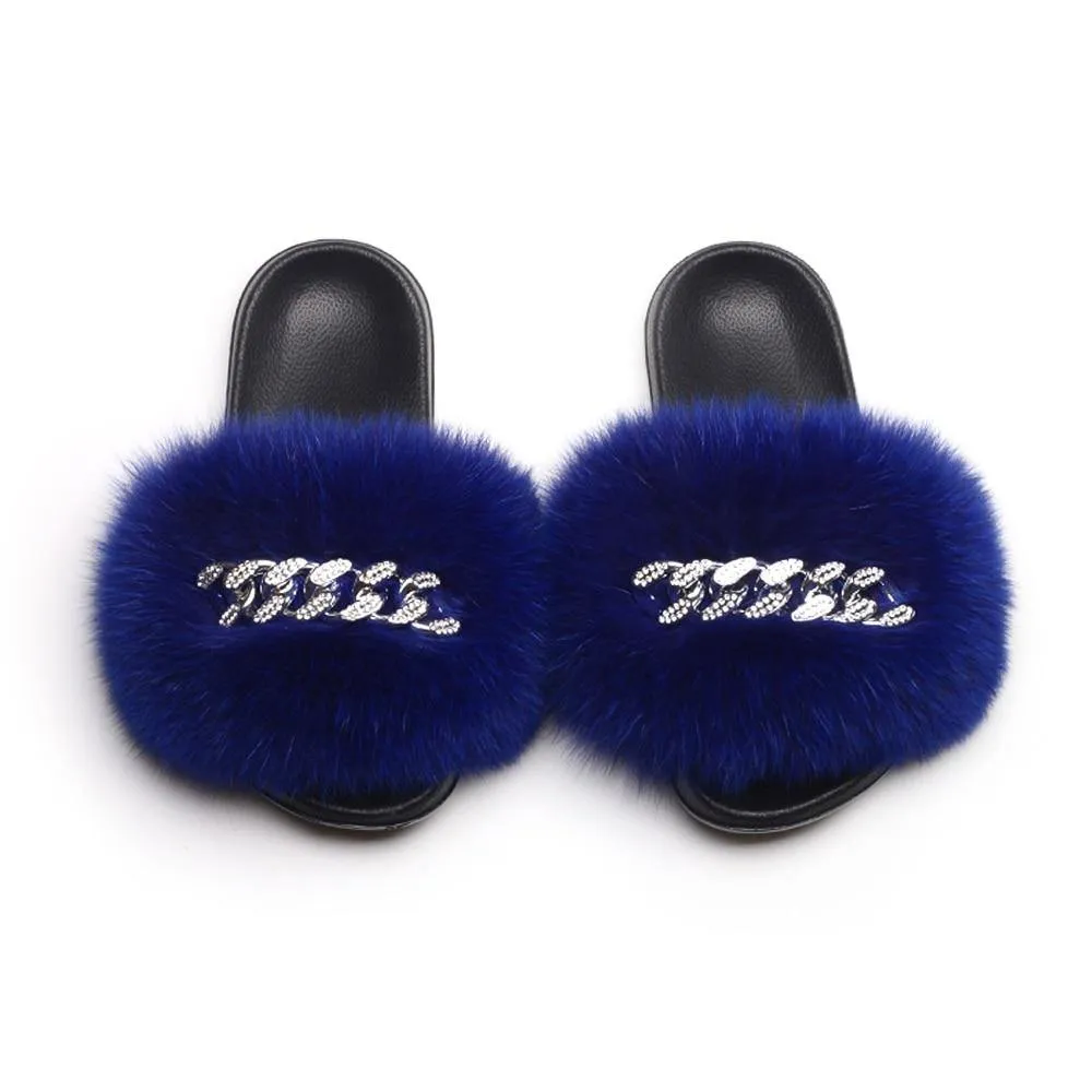 Women's Fluffy Fur Slippers W/ Chain Detail
