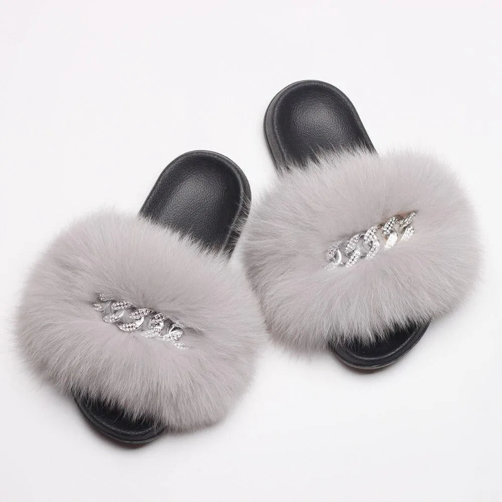 Women's Fluffy Fur Slippers W/ Chain Detail