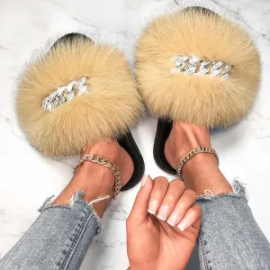 Women's Fluffy Fur Slippers W/ Chain Detail
