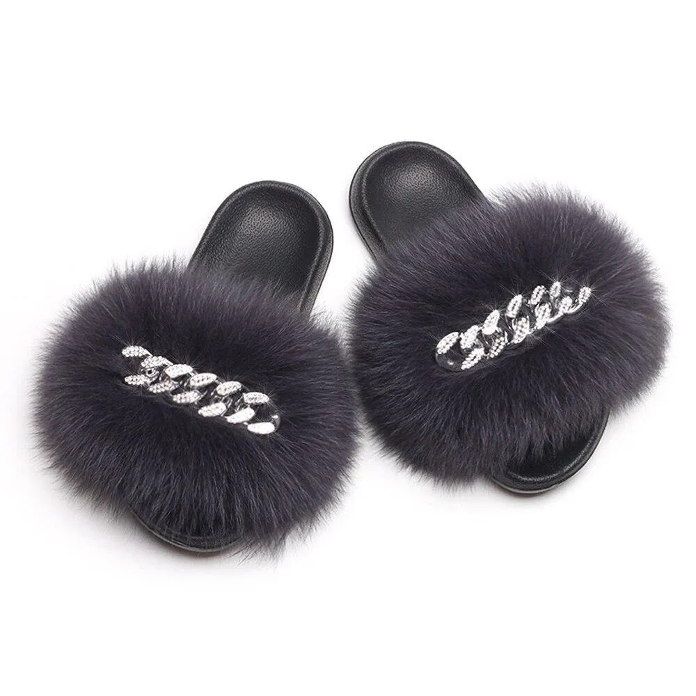 Women's Fluffy Fur Slippers W/ Chain Detail