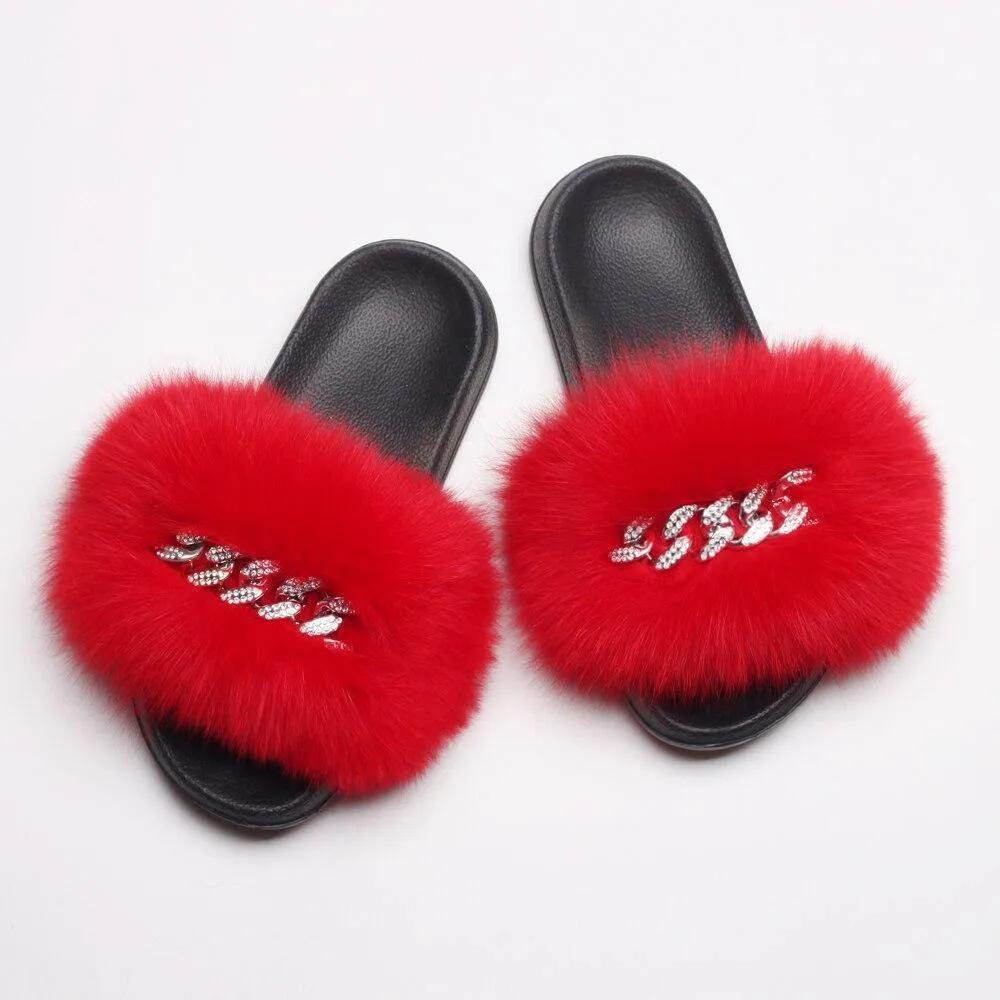 Women's Fluffy Fur Slippers W/ Chain Detail