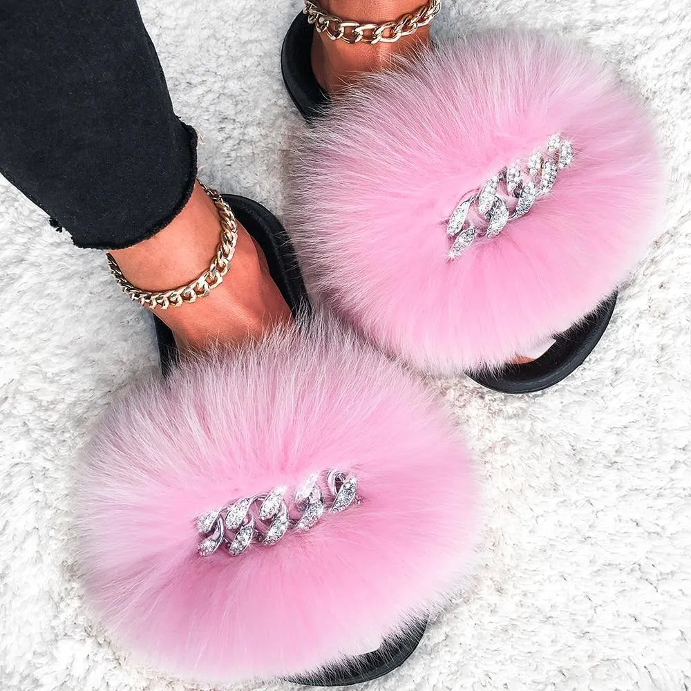 Women's Fluffy Fur Slippers W/ Chain Detail