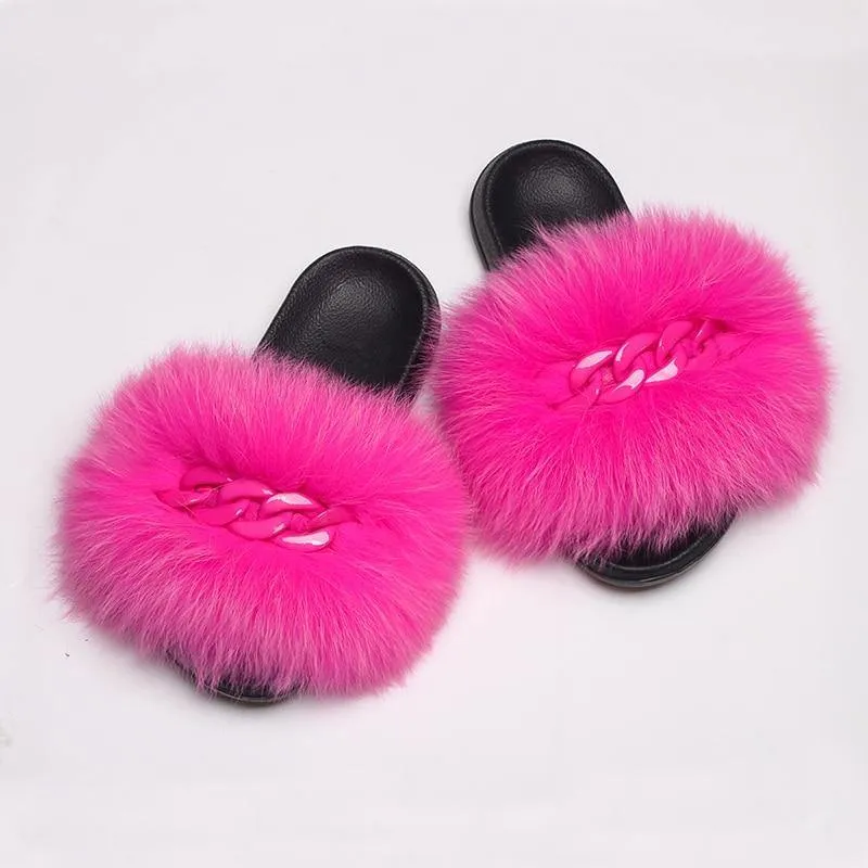 Women's Fluffy Fur Slippers W/ Chain Detail