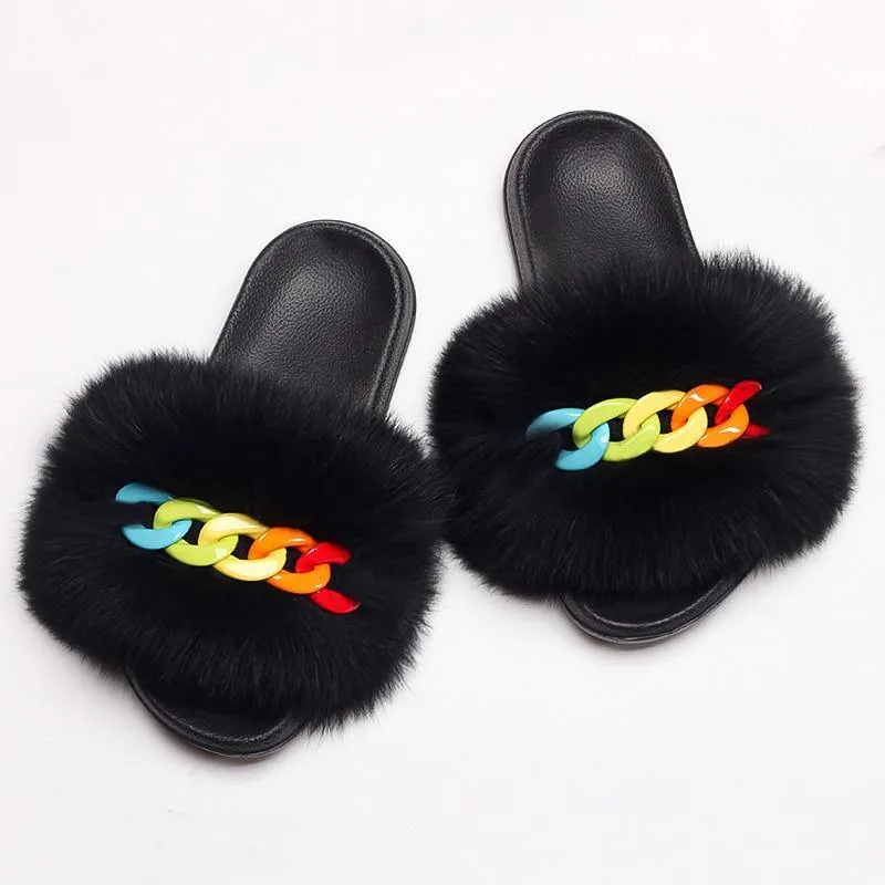 Women's Fluffy Fur Slippers W/ Chain Detail