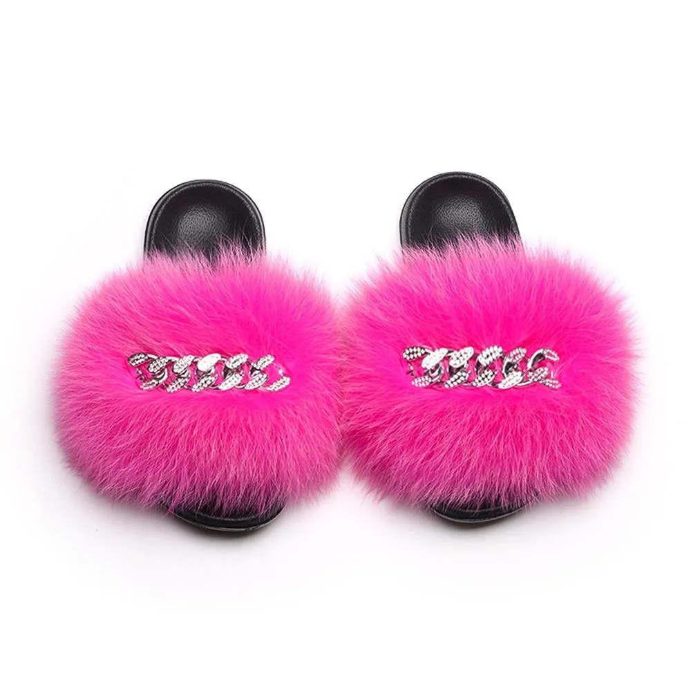 Women's Fluffy Fur Slippers W/ Chain Detail
