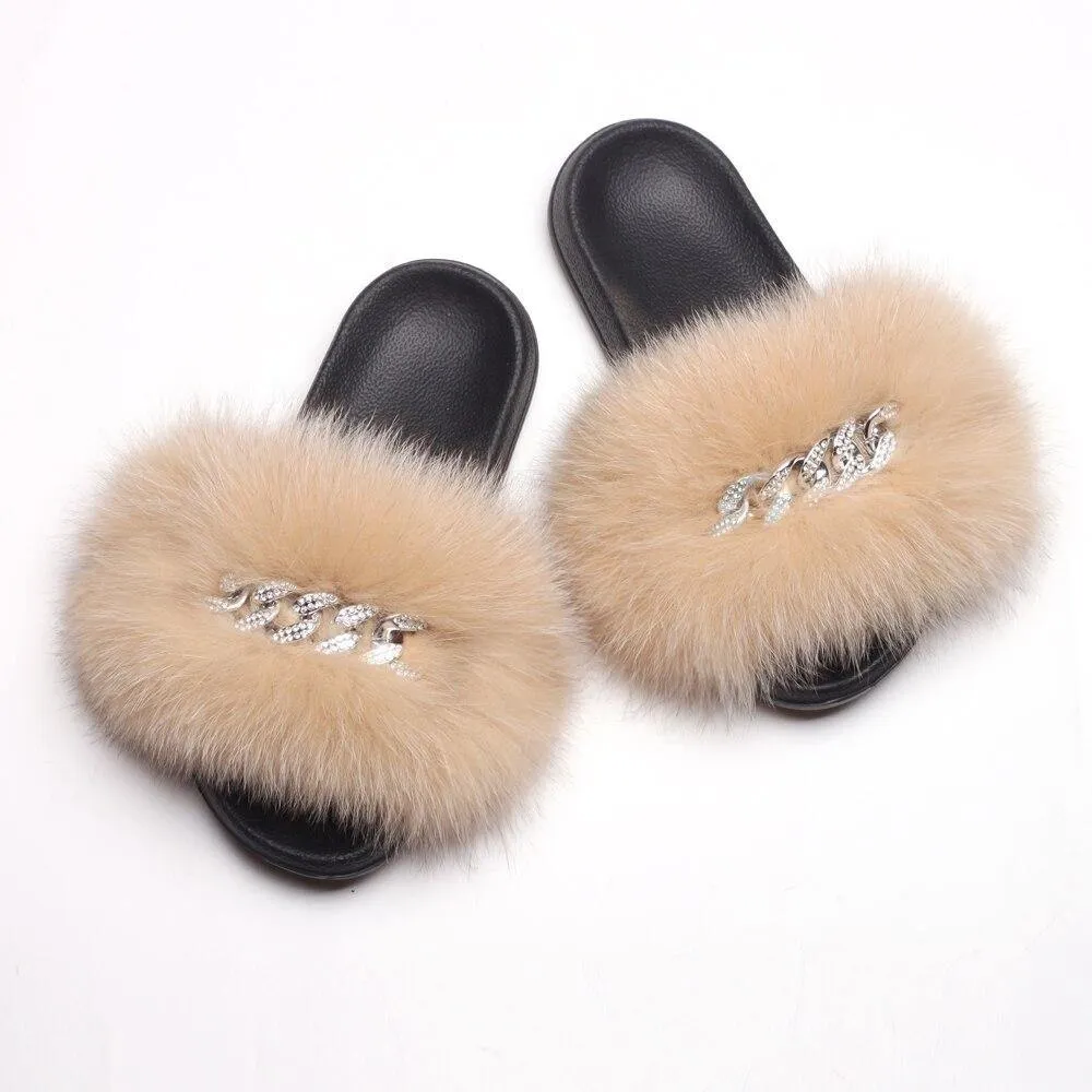 Women's Fluffy Fur Slippers W/ Chain Detail
