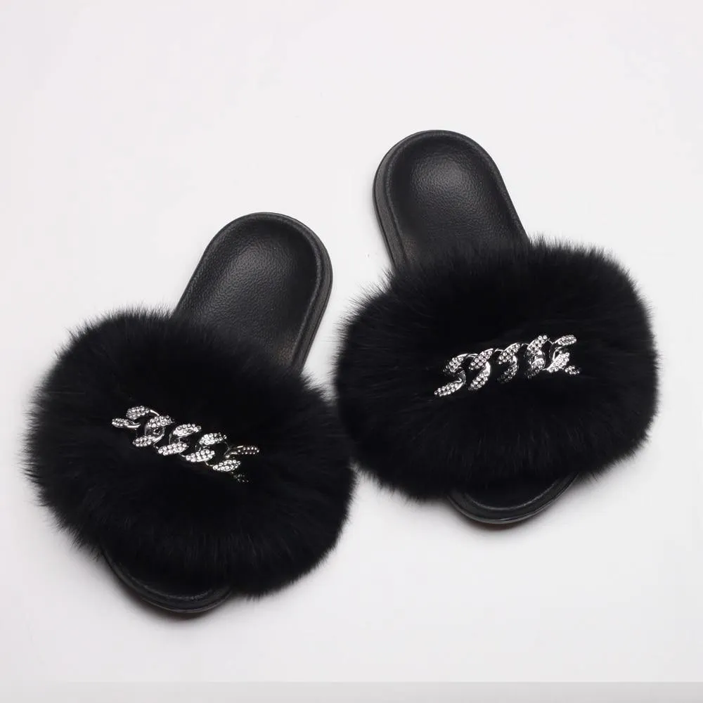Women's Fluffy Fur Slippers W/ Chain Detail