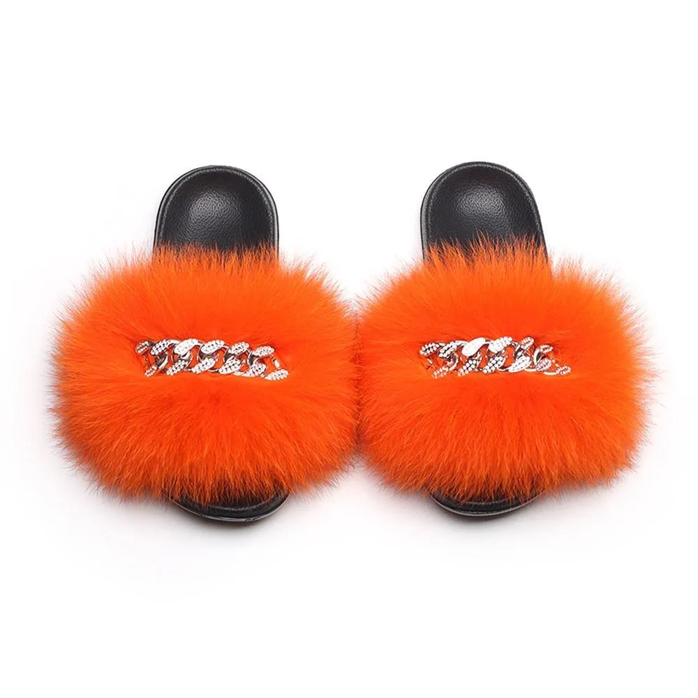 Women's Fluffy Fur Slippers W/ Chain Detail