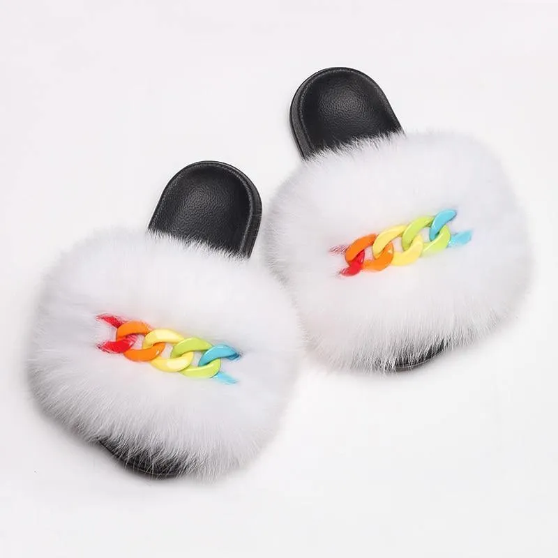 Women's Fluffy Fur Slippers W/ Chain Detail