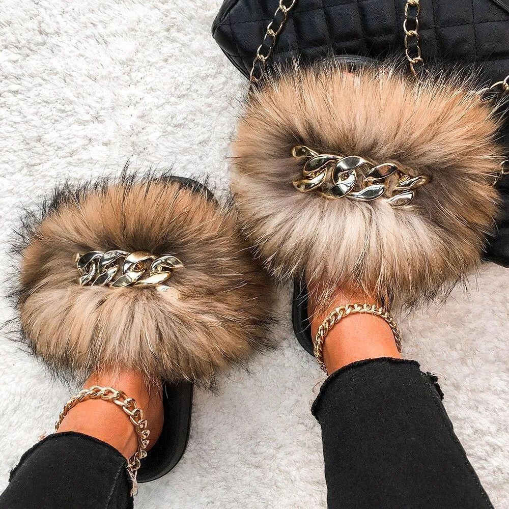 Women's Fluffy Fur Slippers W/ Chain Detail