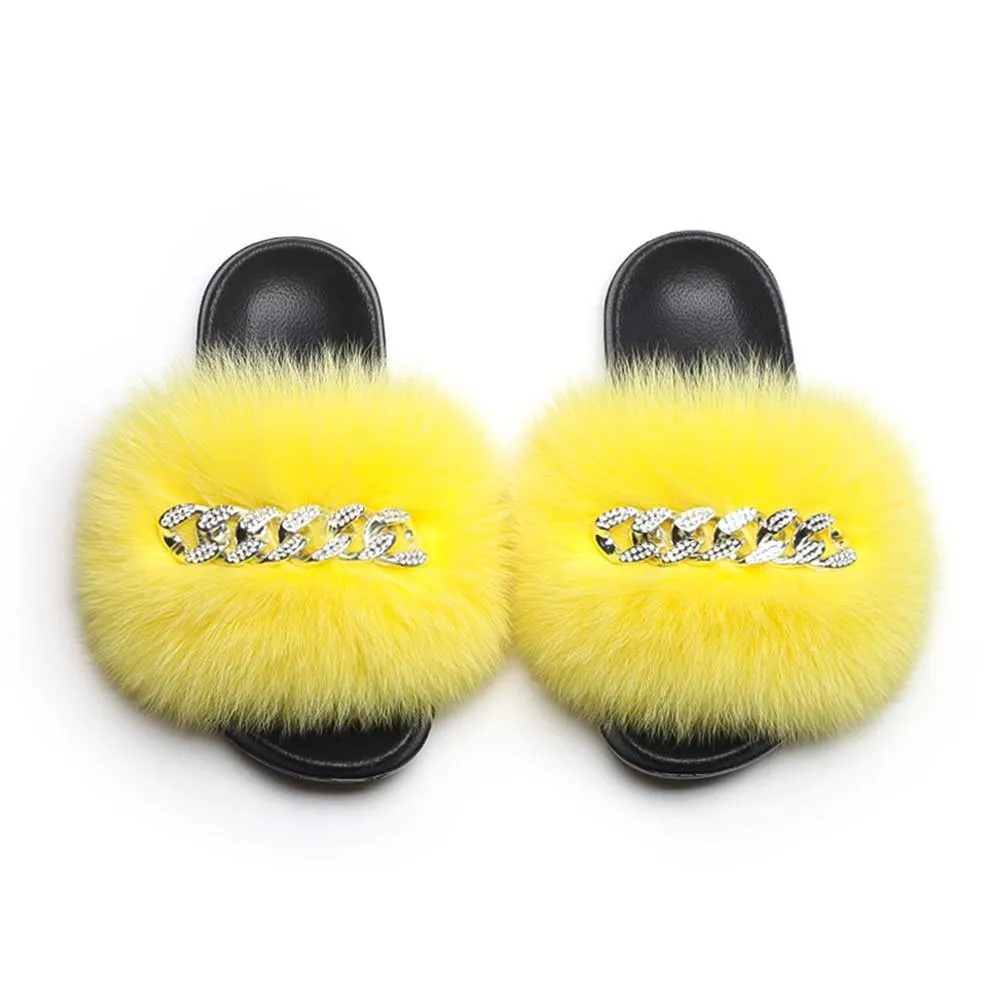 Women's Fluffy Fur Slippers W/ Chain Detail