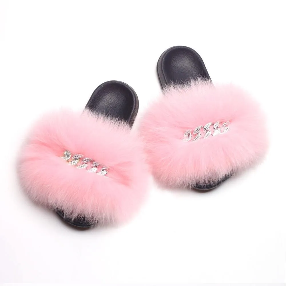 Women's Fluffy Fur Slippers W/ Chain Detail