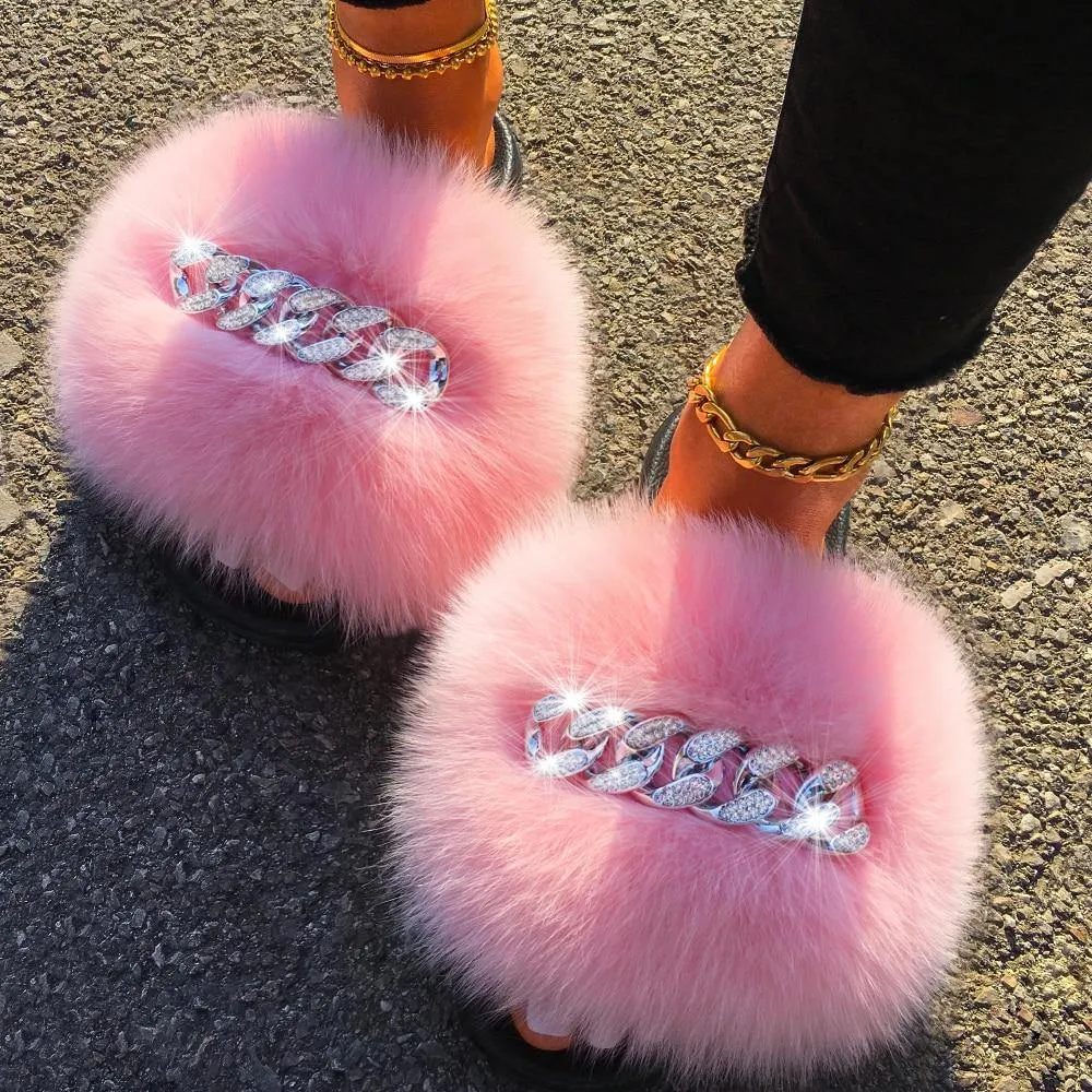 Women's Fluffy Fur Slippers W/ Chain Detail