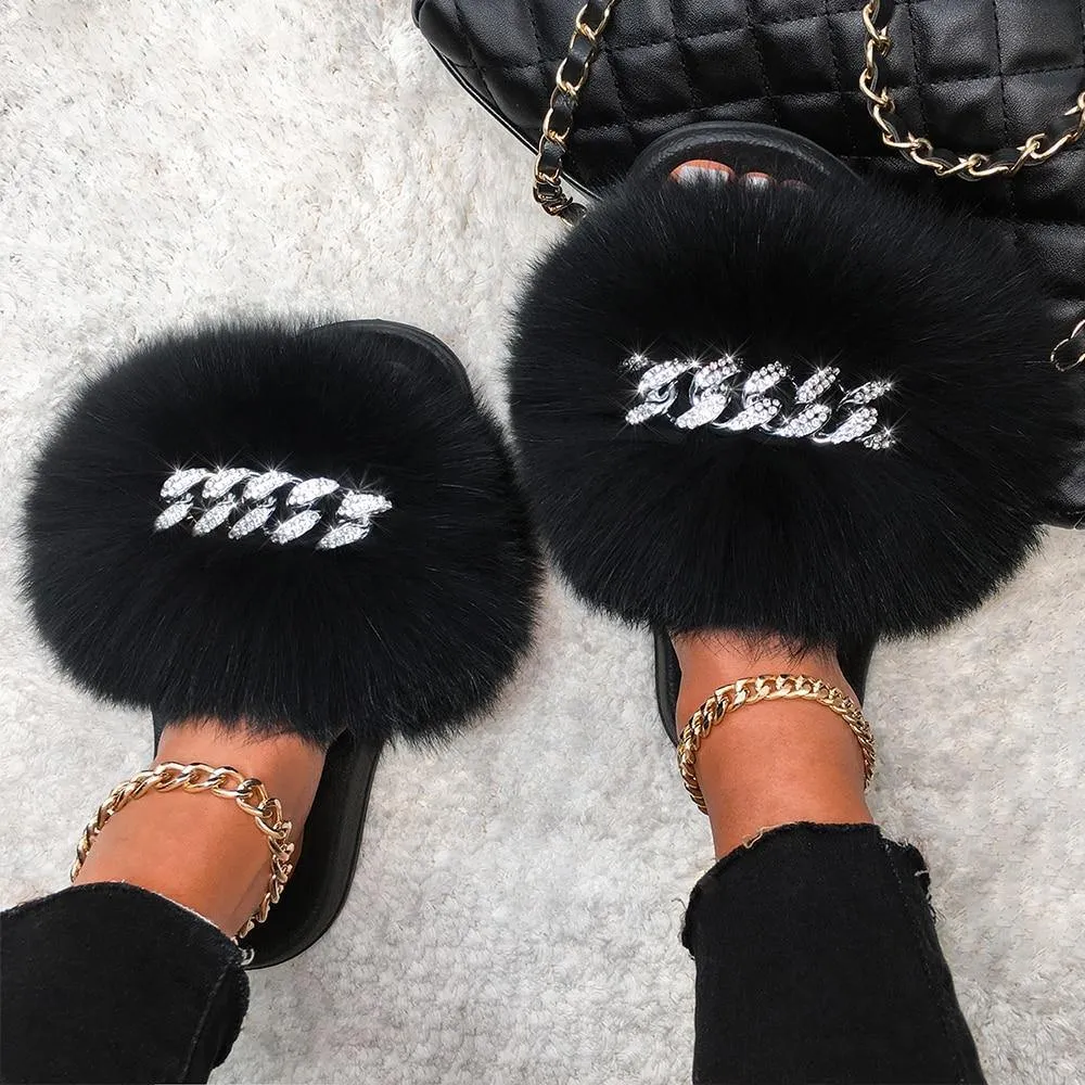 Women's Fluffy Fur Slippers W/ Chain Detail