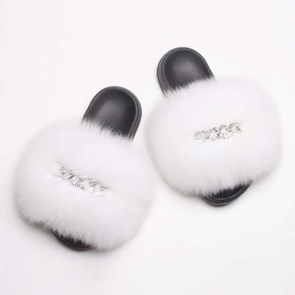 Women's Fluffy Fur Slippers W/ Chain Detail