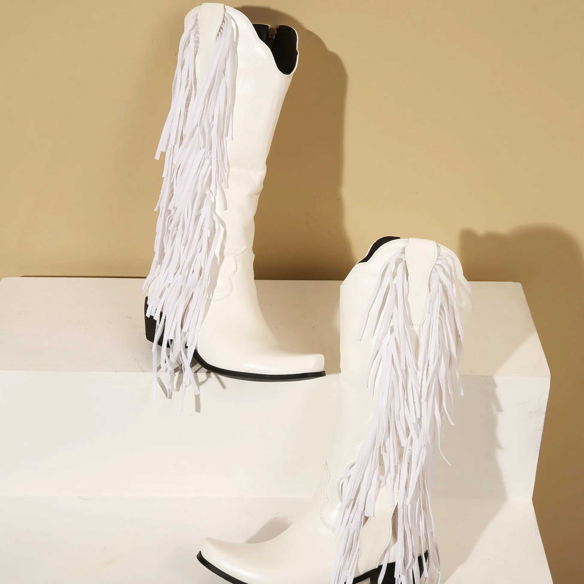 Women's Fringes Tassels Knee High Boots Side Zip-Up Western Cowboy Boots