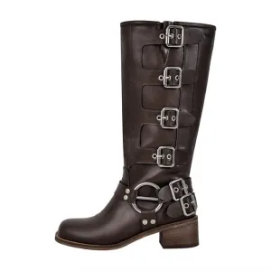 Women's Genuine Cowhide Leather Punk Goth Mid-Calf Boots – Multi-Buckle Chunky Heel Western Boot
