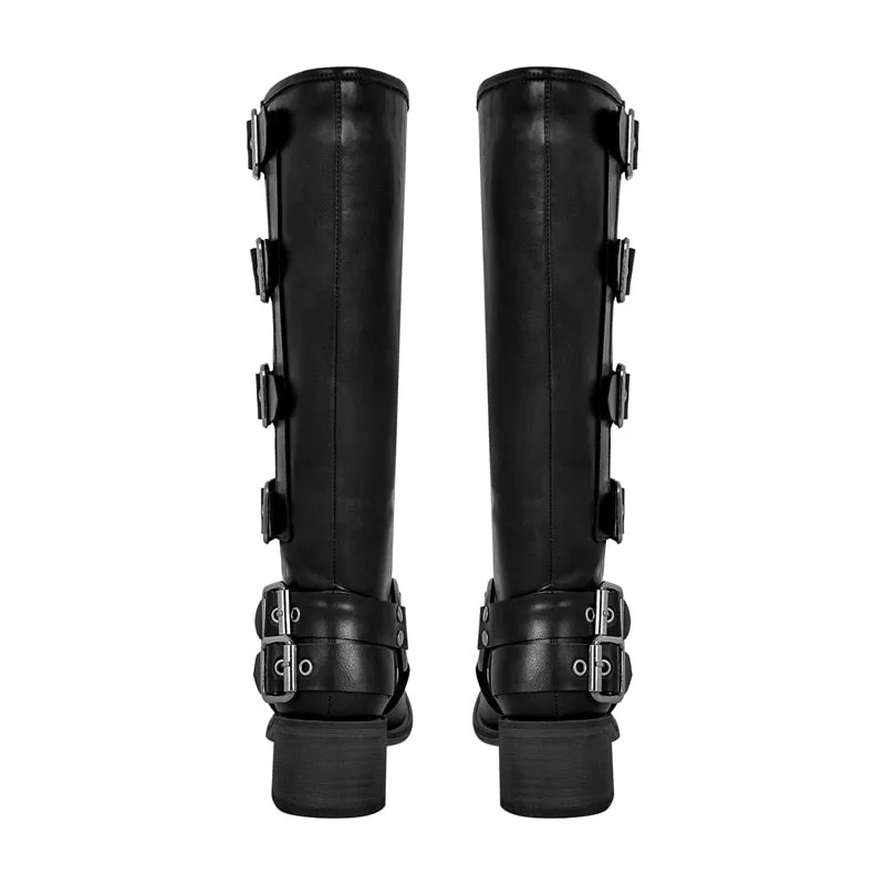 Women's Genuine Cowhide Leather Punk Goth Mid-Calf Boots – Multi-Buckle Chunky Heel Western Boot