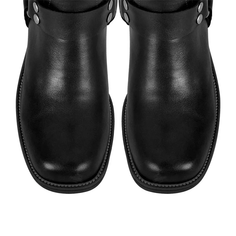 Women's Genuine Cowhide Leather Punk Goth Mid-Calf Boots – Multi-Buckle Chunky Heel Western Boot