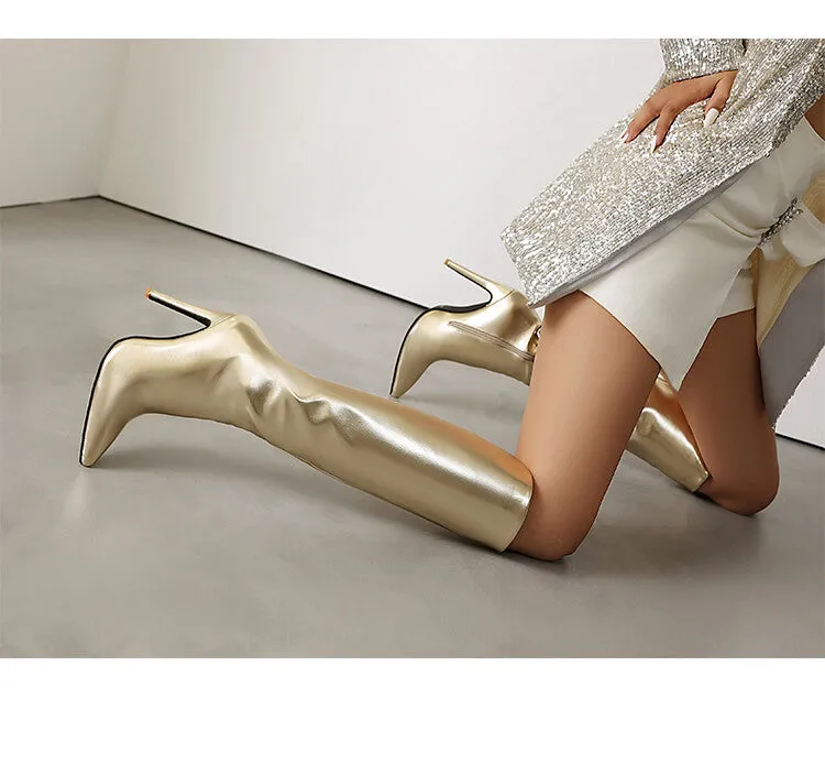 Women's Glossy Bling Thin Heel Knee High Boots