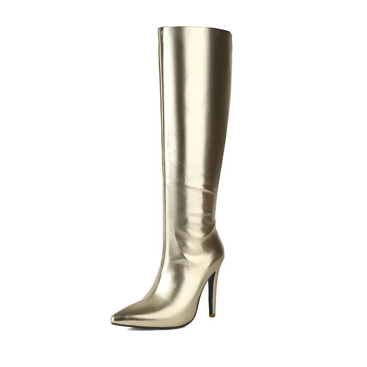 Women's Glossy Bling Thin Heel Knee High Boots