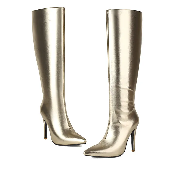 Women's Glossy Bling Thin Heel Knee High Boots