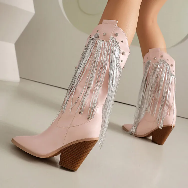 Women's Glossy Sequins Block Heel Knee High Western Boots