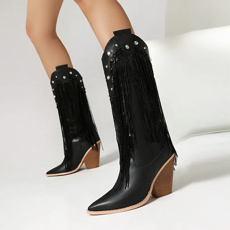 Women's Glossy Sequins Block Heel Knee High Western Boots