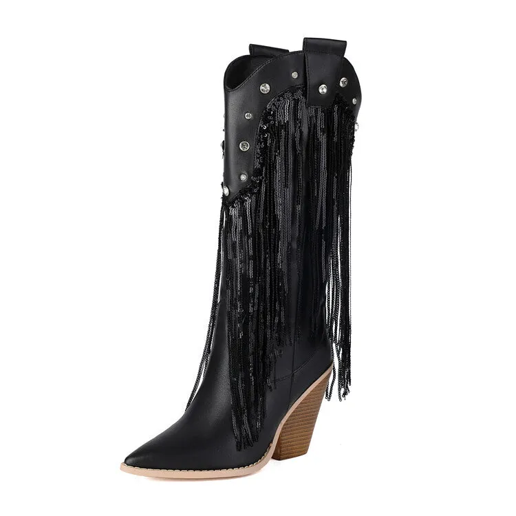 Women's Glossy Sequins Block Heel Knee High Western Boots