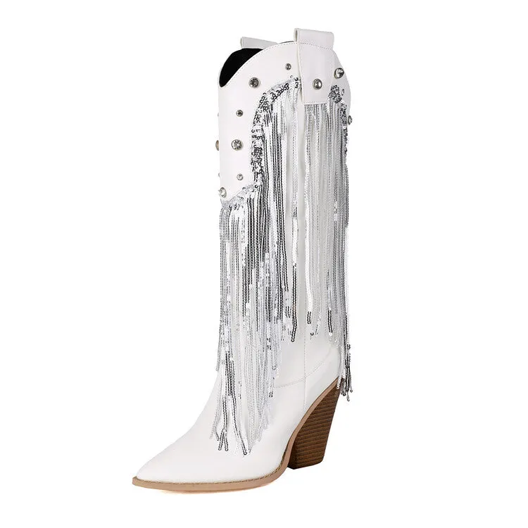 Women's Glossy Sequins Block Heel Knee High Western Boots
