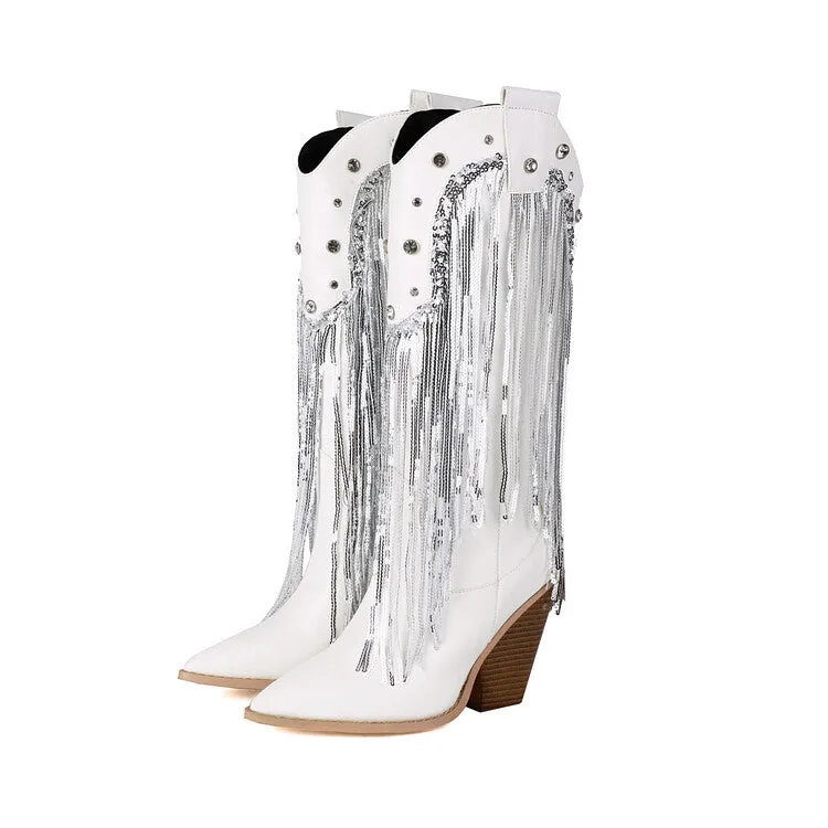 Women's Glossy Sequins Block Heel Knee High Western Boots