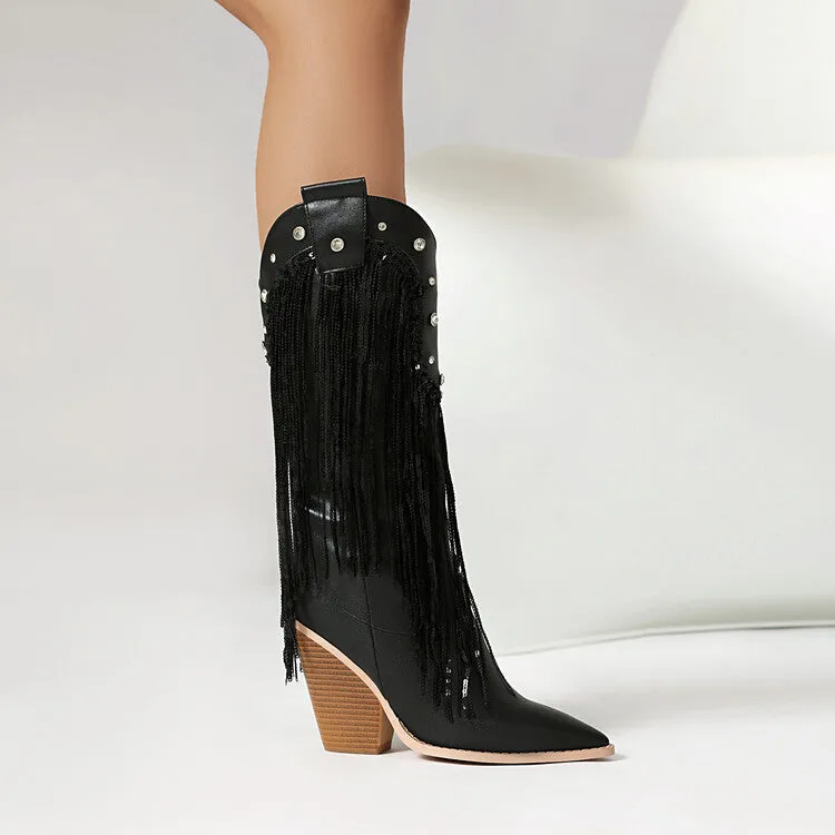 Women's Glossy Sequins Block Heel Knee High Western Boots