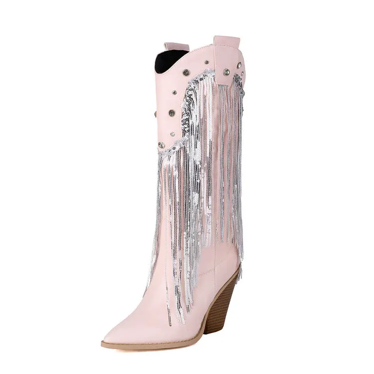 Women's Glossy Sequins Block Heel Knee High Western Boots