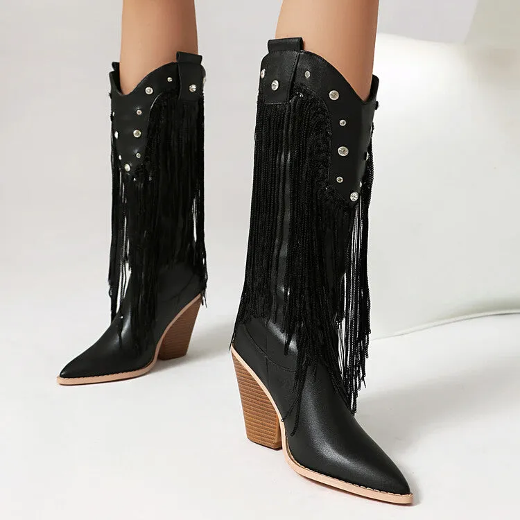 Women's Glossy Sequins Block Heel Knee High Western Boots