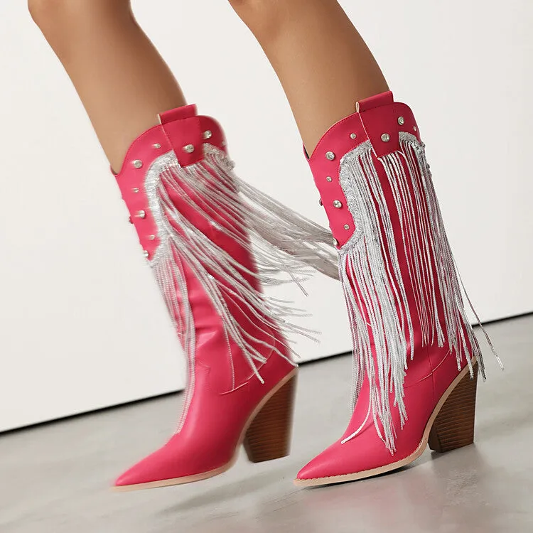 Women's Glossy Sequins Block Heel Knee High Western Boots