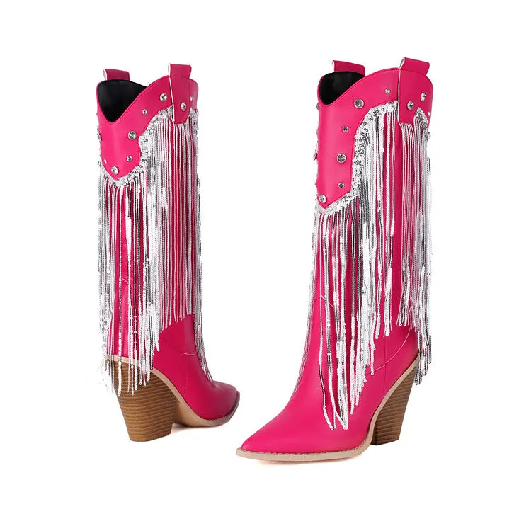 Women's Glossy Sequins Block Heel Knee High Western Boots