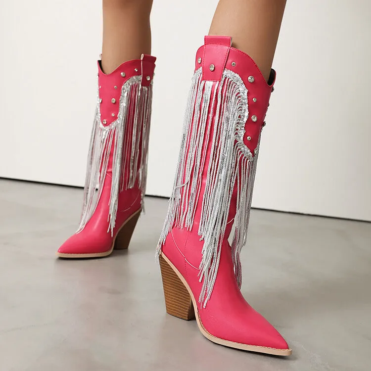 Women's Glossy Sequins Block Heel Knee High Western Boots