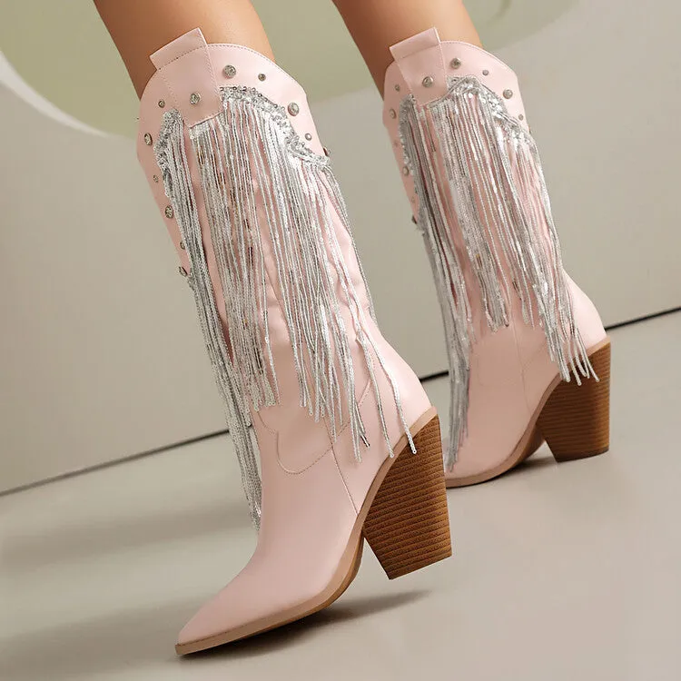 Women's Glossy Sequins Block Heel Knee High Western Boots