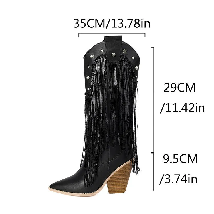 Women's Glossy Sequins Block Heel Knee High Western Boots