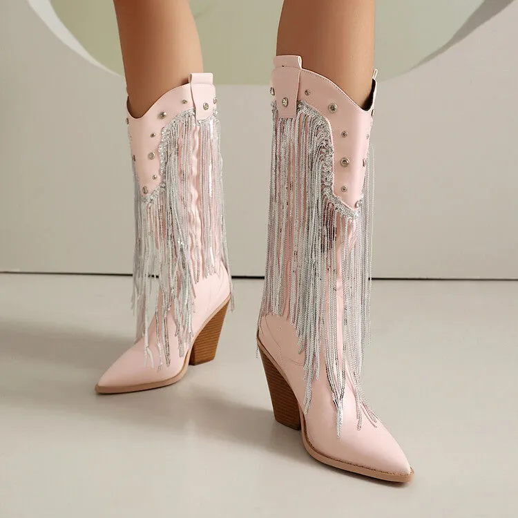 Women's Glossy Sequins Block Heel Knee High Western Boots