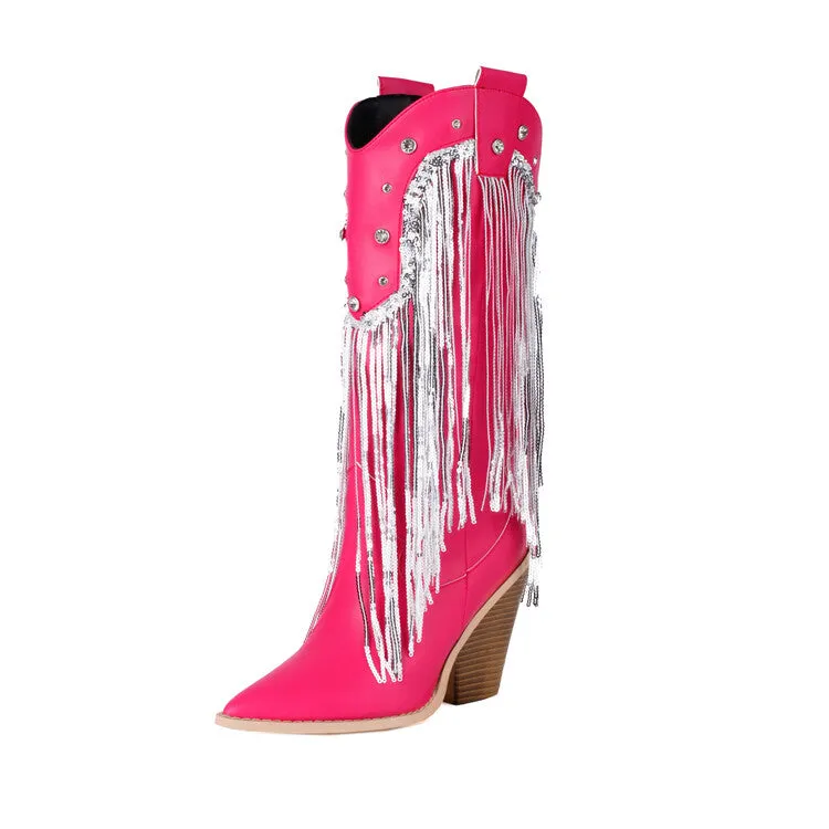 Women's Glossy Sequins Block Heel Knee High Western Boots