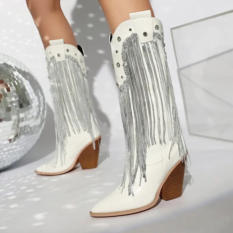 Women's Glossy Sequins Block Heel Knee High Western Boots