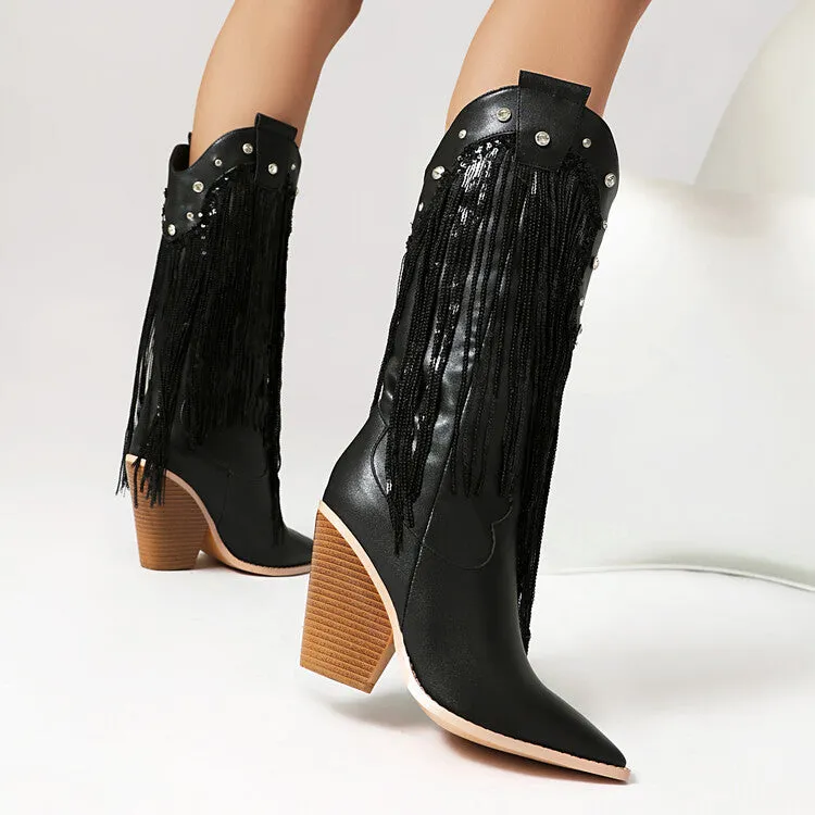 Women's Glossy Sequins Block Heel Knee High Western Boots