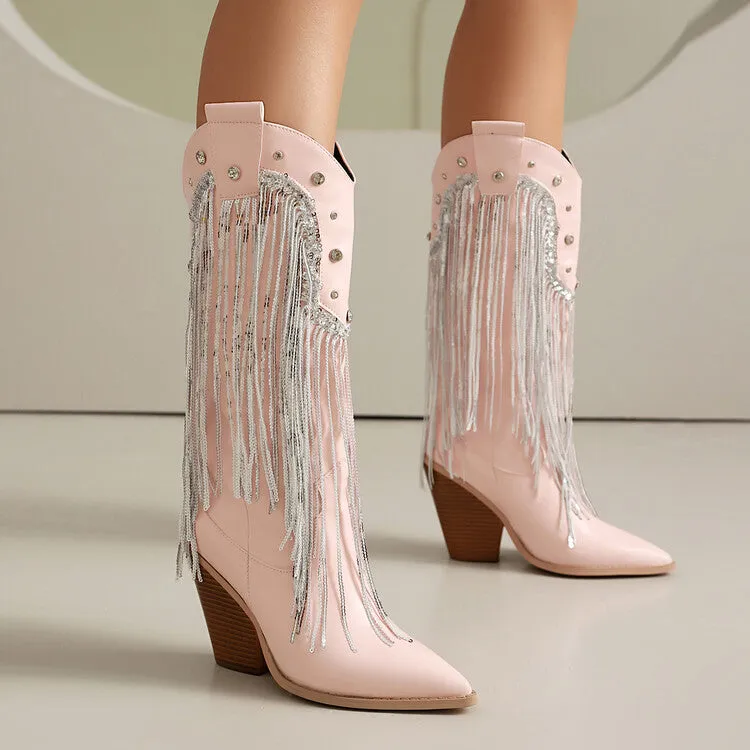 Women's Glossy Sequins Block Heel Knee High Western Boots