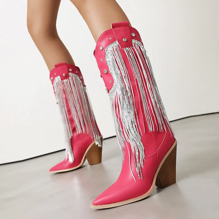 Women's Glossy Sequins Block Heel Knee High Western Boots