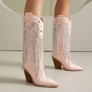 Women's Glossy Sequins Block Heel Knee High Western Boots