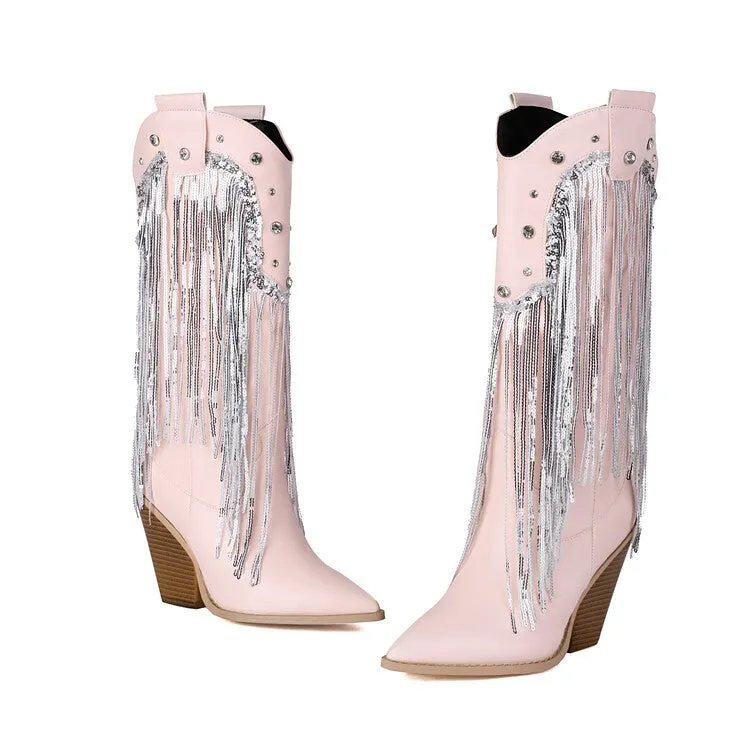 Women's Glossy Sequins Block Heel Knee High Western Boots