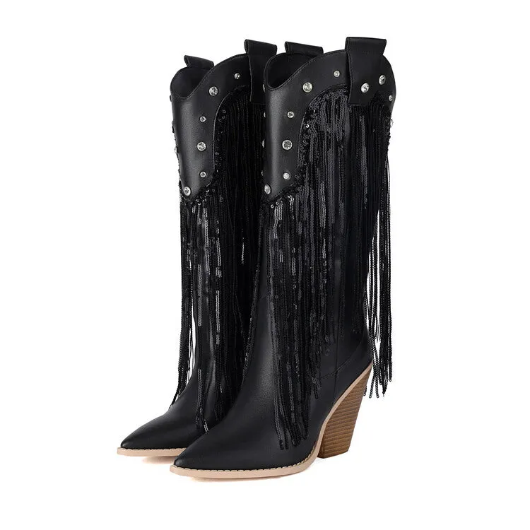 Women's Glossy Sequins Block Heel Knee High Western Boots